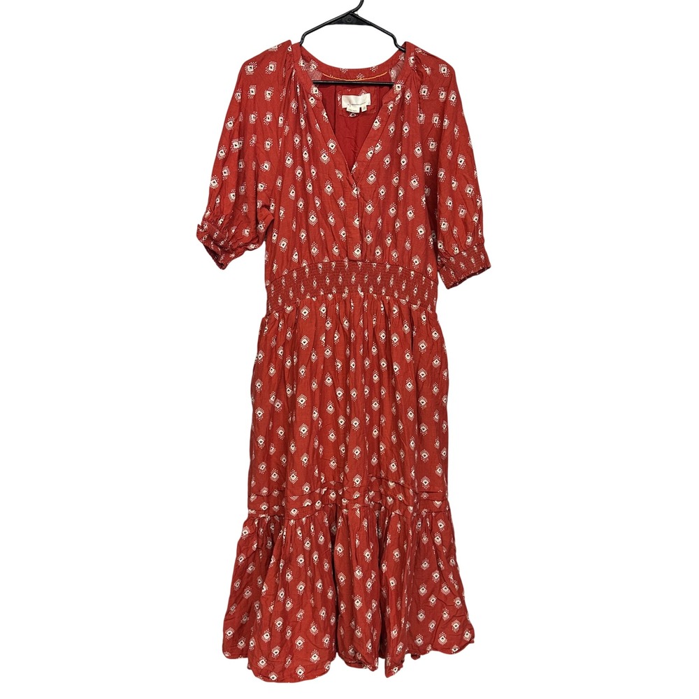 Anthropologie Felipa Midi Dress Ikat Print XL Rust Red V-Neck Puff Sleeve